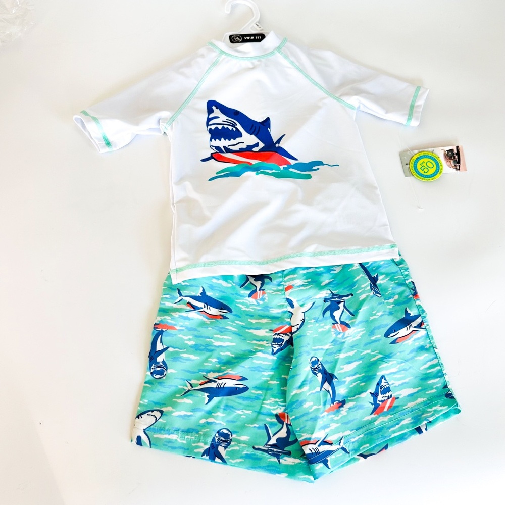 NEW Panama Jack Kids Shark Week 2 Piece Swim Trunks Rash Guard Set Boys Size 4